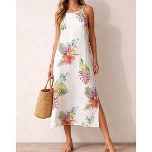 Lungo L’Arno Italian Linen Floral Midi Dress Large Made In Italy Tropical